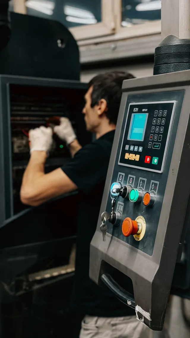 Technician operating industrial control panel