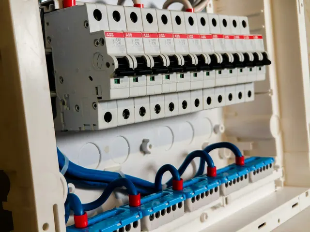 Rows of circuit breakers and wiring inside an electrical control panel